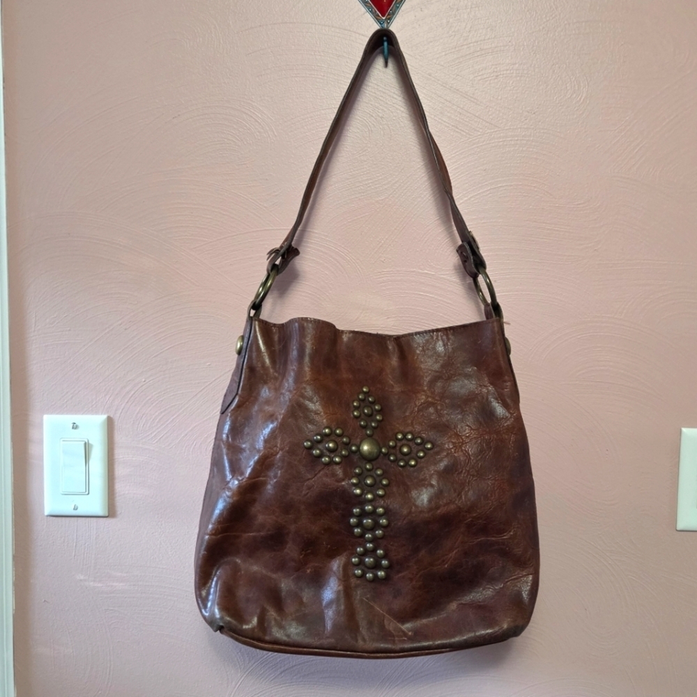 Brown Studded Cross Leather Shoulder Bag